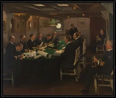 Конец: Передняя часть "Королевы Елизаветы" с адмиралом Битти, читающим условия капитуляции германского флота, Розит, 16 ноября 1918 года.