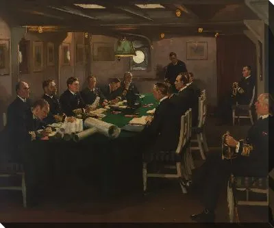 Конец: Передняя часть "Королевы Елизаветы" с адмиралом Битти, читающим условия капитуляции германского флота, Розит, 16 ноября 1918 года.