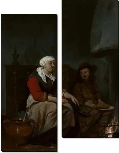 Картина Женщина и мальчик готовят блины