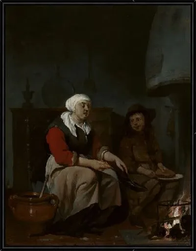 Картина Женщина и мальчик готовят блины