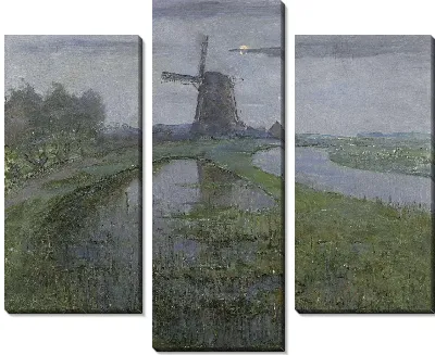 Восточная мельница вдоль реки Гейн при лунном свете