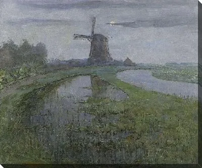 Восточная мельница вдоль реки Гейн при лунном свете