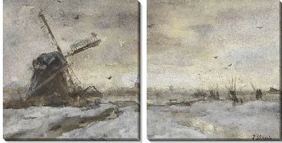 Картина Пейзаж с ветряной мельницей в снегу