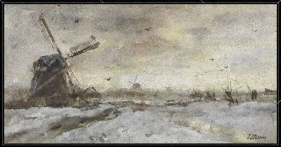 Картина Пейзаж с ветряной мельницей в снегу