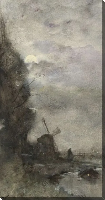 Картина Пейзаж с ветряной мельницей при лунном свете