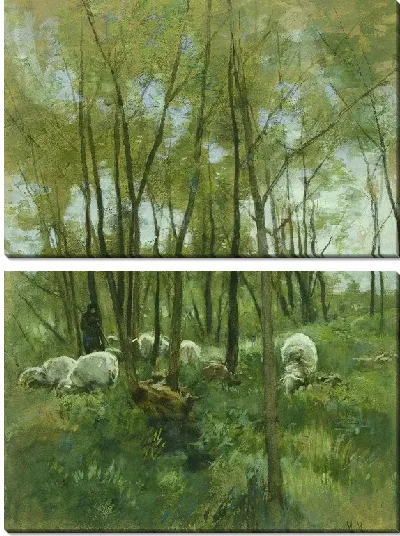 Картина Стадо овец в лесу