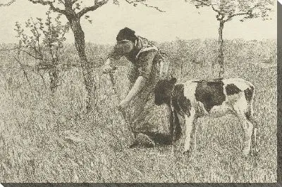 Картина Женщина-фермер копает теленка