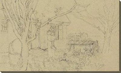 Картина Дом с деревьями, помпой и садовой дорожкой