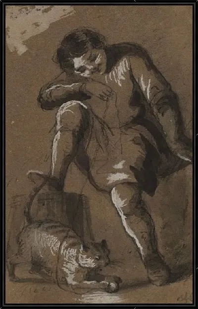 Картина Ребенок играет с кошкой