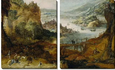 Речной пейзаж с охотой на кабана