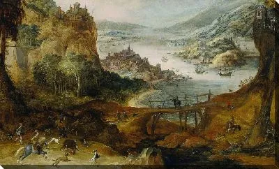 Картина Речной пейзаж с охотой на кабана