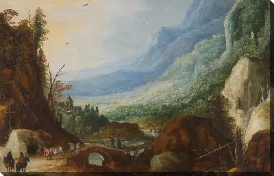 Картина Горный пейзаж с мостом через реку