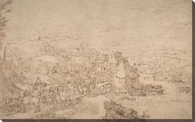 Картина Речной пейзаж с вагонами на дороге возле деревни