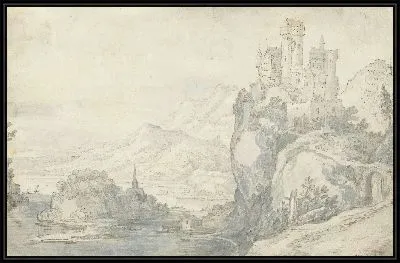 Речной пейзаж с замком на горе