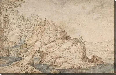 Картина Холмистый пейзаж с рекой, мостом и домами с двумя фигурами слева