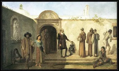 Христофор Колумб и его сын Диего просят гостеприимства во францисканском монастыре Санта-Мария-де-ла-Рабида (Испания) (Христофор Колумб с сыном во дворе монастыря Ла-Рабида)