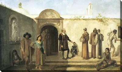 Христофор Колумб и его сын Диего просят гостеприимства во францисканском монастыре Санта-Мария-де-ла-Рабида (Испания) (Христофор Колумб с сыном во дворе монастыря Ла-Рабида)