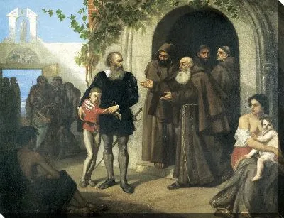 Христофор Колумб и его сын получают гостеприимство в монастыре Ла-Рабида (Испания)