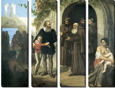 Христофор Колумб и его сын получают гостеприимство в монастыре Ла-Рабида (Испания)