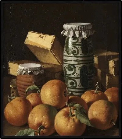 Натюрморт с апельсинами, банками и коробками конфет