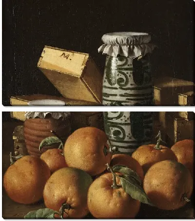 Натюрморт с апельсинами, банками и коробками конфет