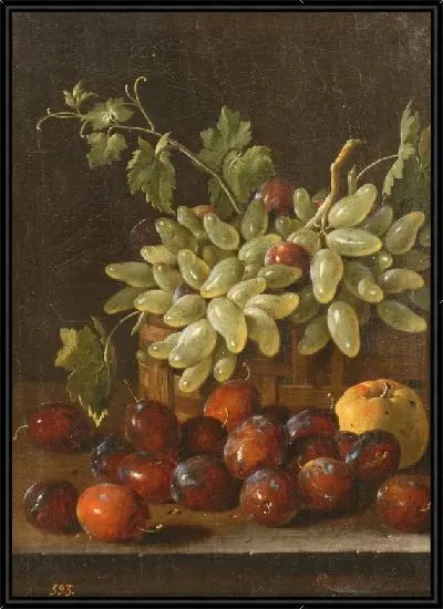 Картина Корзина с виноградом, сливами и яблоком