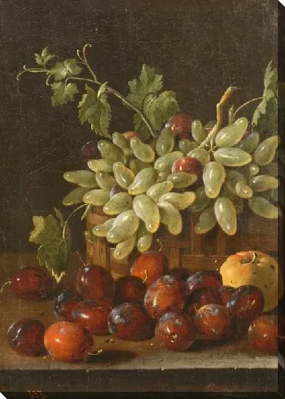 Картина Корзина с виноградом, сливами и яблоком