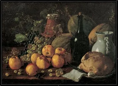 Натюрморт с яблоками, виноградом, дынями, хлебом, кувшином и бутылкой