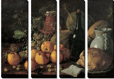 Натюрморт с яблоками, виноградом, дынями, хлебом, кувшином и бутылкой