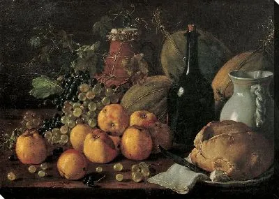 Натюрморт с яблоками, виноградом, дынями, хлебом, кувшином и бутылкой