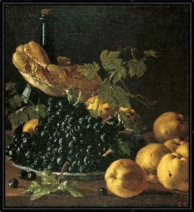 Натюрморт с хлебом, яблоками, виноградом и бутылкой