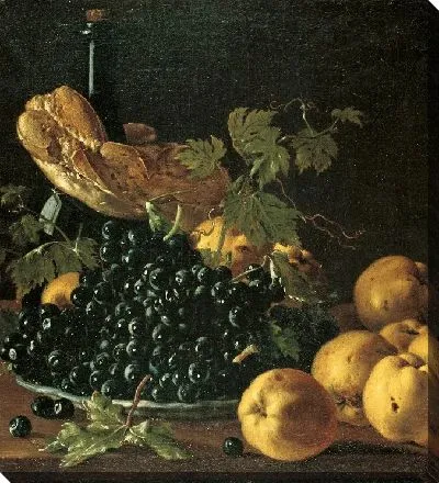 Натюрморт с хлебом, яблоками, виноградом и бутылкой