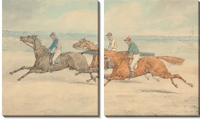 Картина Три скаковые лошади с жокеями скачут галопом в группе слева