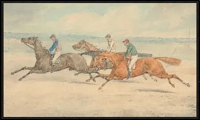 Картина Три скаковые лошади с жокеями скачут галопом в группе слева