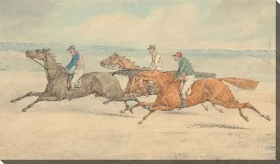 Картина Три скаковые лошади с жокеями скачут галопом в группе слева