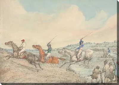 Картина Бег с препятствиями: три всадника берут ручей, зрители справа