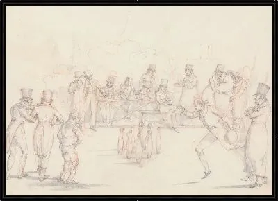 Картина «Записки», № 28: кегельбан с игроками и зрителями