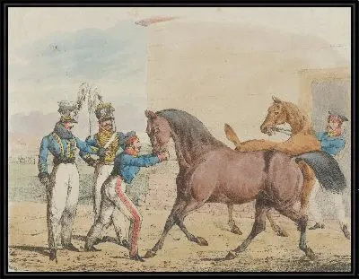 Два солдата кавалерийской части с лошадьми и конюхами