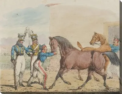 Два солдата кавалерийской части с лошадьми и конюхами