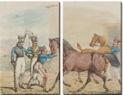 Два солдата кавалерийской части с лошадьми и конюхами