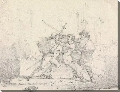 Картина Трое мужчин в (?) Платье семнадцатого века в уличном бою на мечах
