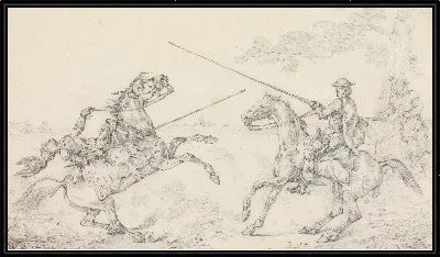 Рыцарь, падающий с его лошади на наклон сквайра