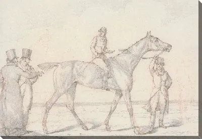 Картина «Записки», № 15: скаковая лошадь с жокеем, двое мужчин обсуждают лошадь