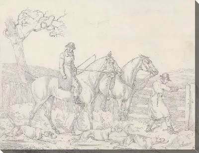 Картина «Отходы», № 24: Охота - два наездника, один из которых открывает ворота для гончих