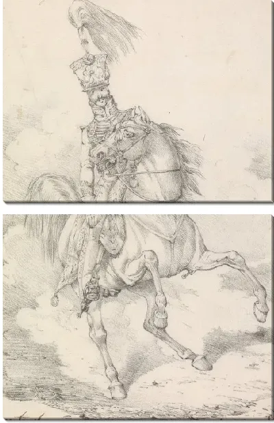 Картина Гусар с высоким пером в шлеме, верхом на лошади, с высоко поднятым хвостом