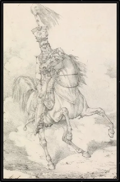 Картина Гусар с высоким пером в шлеме, верхом на лошади, с высоко поднятым хвостом