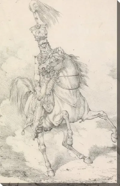 Картина Гусар с высоким пером в шлеме, верхом на лошади, с высоко поднятым хвостом