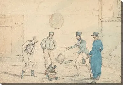 Картина Петушиный бой, за которым наблюдают четверо мужчин во дворе дома: бой, выгравированный на пластине 39 в «Национальном спорте Великобритании»