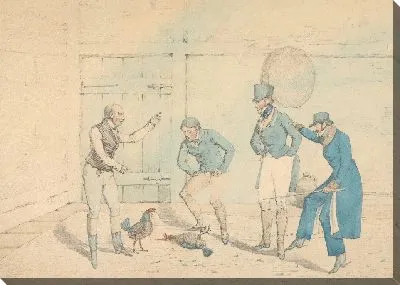 Картина Петушиный бой, за которым наблюдают четверо мужчин во дворе дома: смерть, выгравированная на пластине 40 в «Национальном спорте Великобритании»