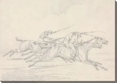 Картина «Записки», № 17: скачки, три лошади с жокеями, скачущие вправо